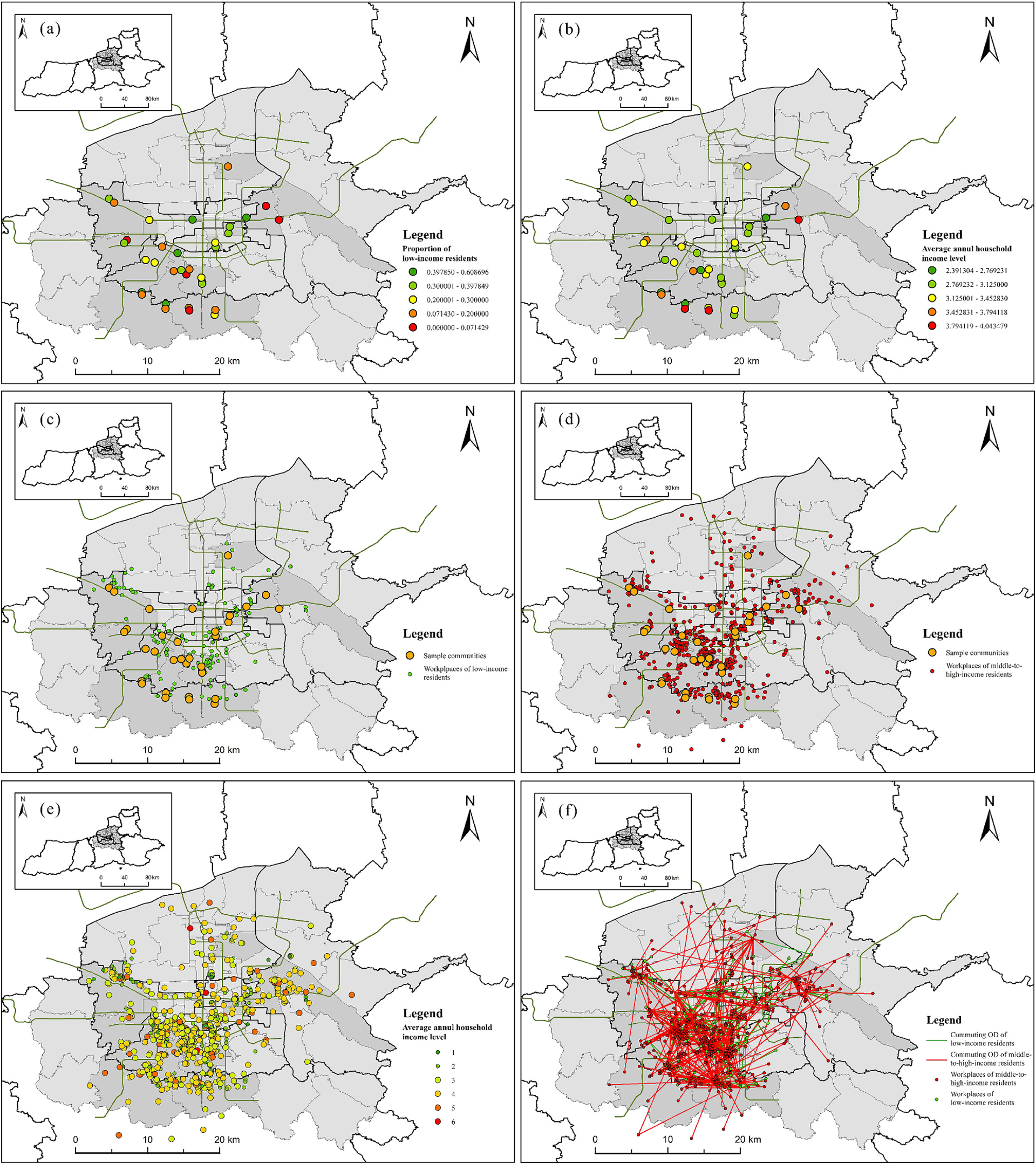 Spatial distribution of LI vs. MHI residences and workplaces in Xi'an; OD lines and community-level income